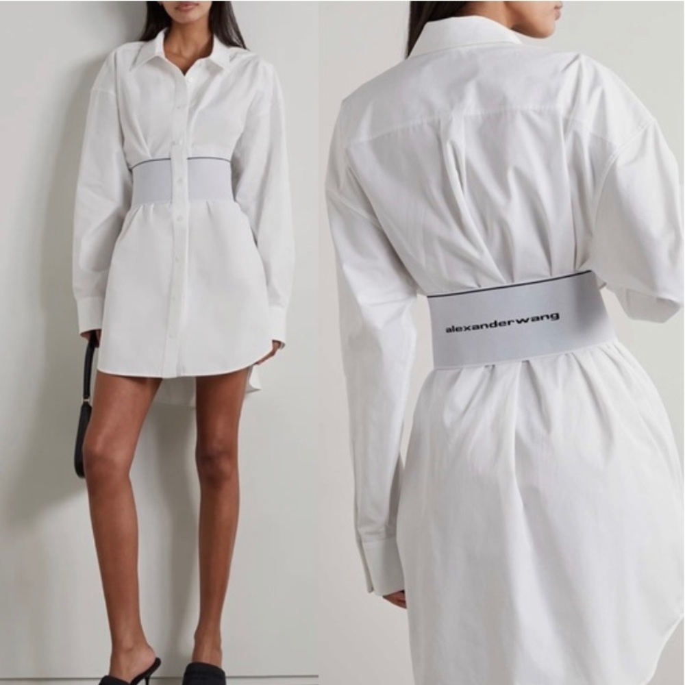 ALEXANDER WANG LOGO ELASTIC SHIRT-DRESS, SZ 4 WHITE